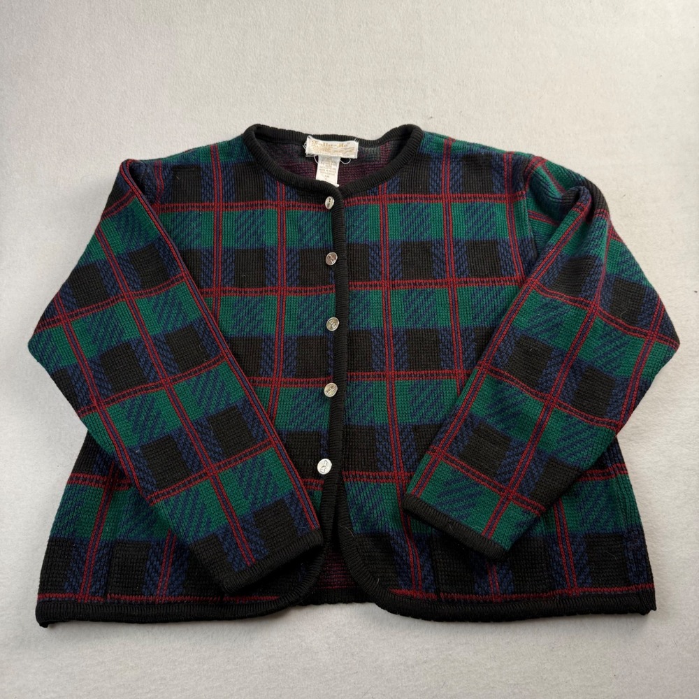 Tally-Ho Vintage Plaid Button Front Cardigan Sweater Green Navy Red Womens Large
